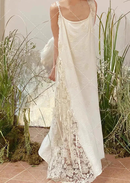 Patchwork Lace Spaghetti Oversized Dress Strap White Stylish FashionChic