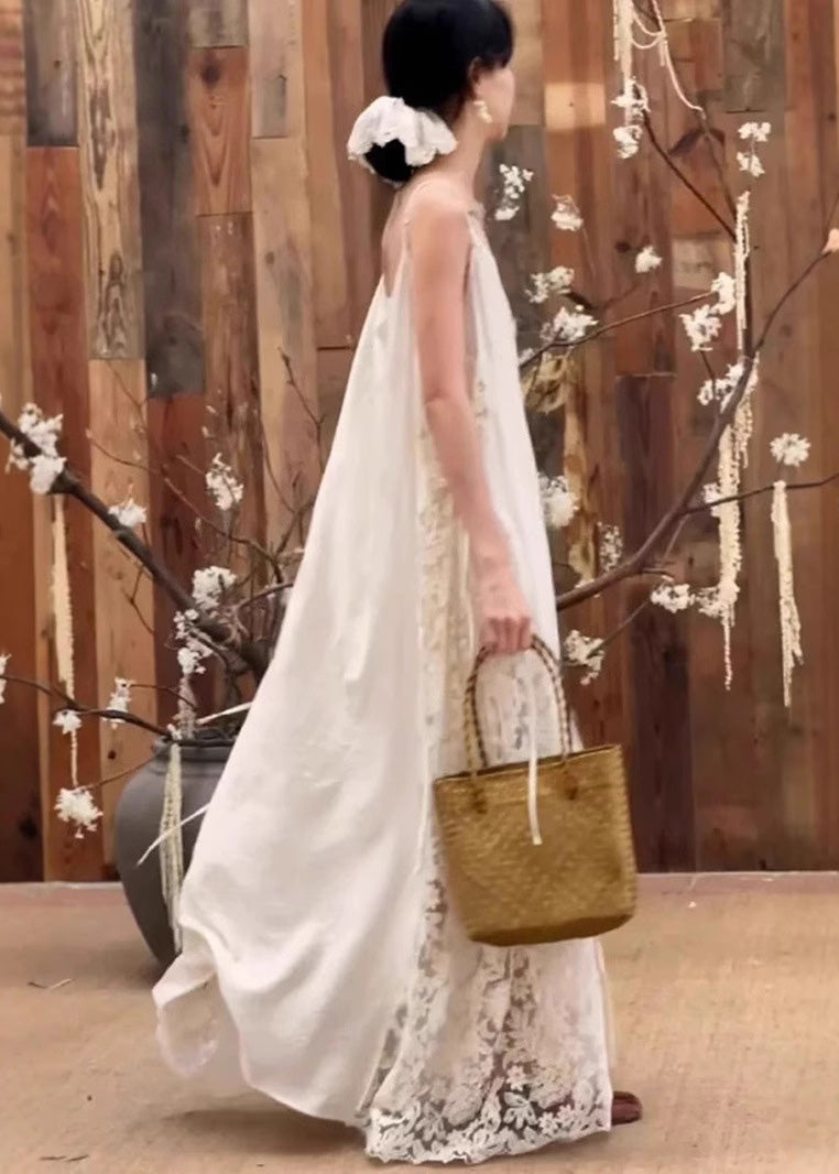 Patchwork Lace Spaghetti Oversized Dress Strap White Stylish FashionChic