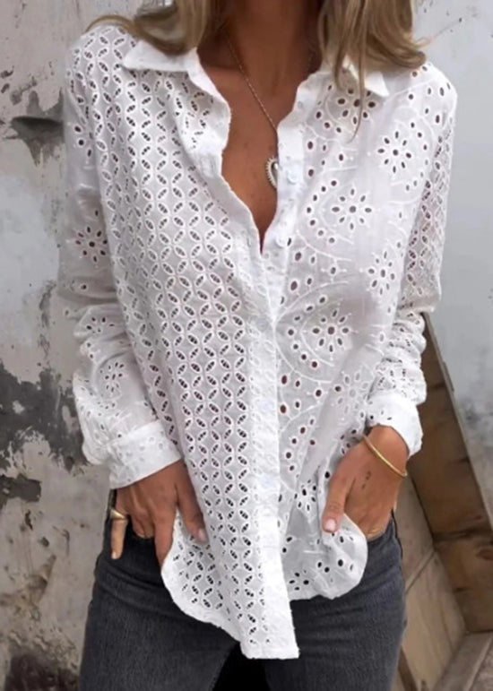 Stylish White Peter Pan Collar Hollow Out Cotton Shirt Fall QY036 BB-ZS-WM-LTP241002