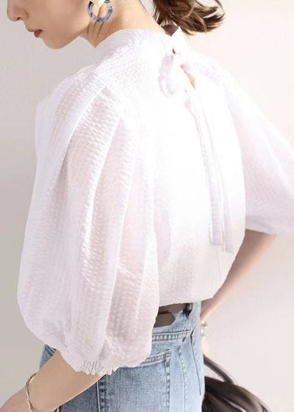 Stylish Cotton Puff Blouses Sleeve White Jacquard FashionChic