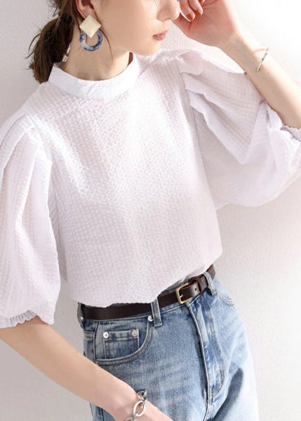 Stylish Cotton Puff Blouses Sleeve White Jacquard FashionChic