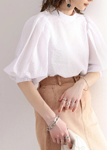 Stylish Cotton Puff Blouses Sleeve White Jacquard FashionChic