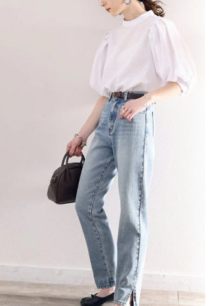 Stylish Cotton Puff Blouses Sleeve White Jacquard FashionChic