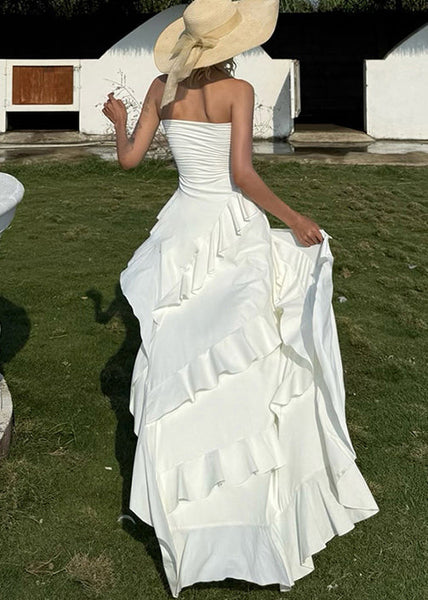 Dress Asymmetrical Ruffled Cotton Stylish Design White Sleeveless FashionChic