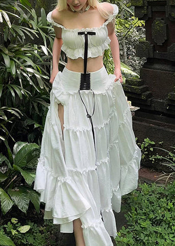 Set Ruffled Cotton Summer Patchwork White Pieces Stylish Two FashionChic