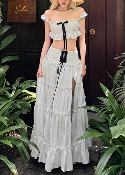 Set Ruffled Cotton Summer Patchwork White Pieces Stylish Two FashionChic