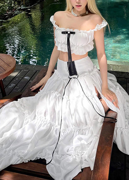 Set Ruffled Cotton Summer Patchwork White Pieces Stylish Two FashionChic