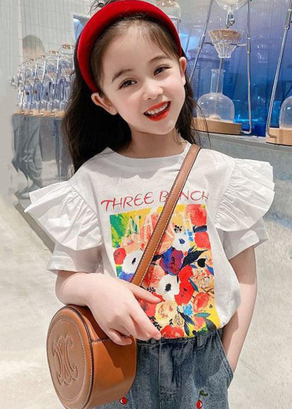 Stylish White Ruffled Print Cotton Girls T Shirt Summer YU1053 WS-RCTZ-STP240529