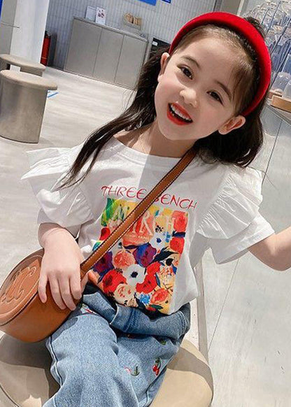 Stylish White Ruffled Print Cotton Girls T Shirt Summer YU1053 WS-RCTZ-STP240529