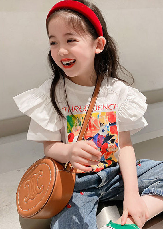 Stylish White Ruffled Print Cotton Girls T Shirt Summer YU1053 WS-RCTZ-STP240529