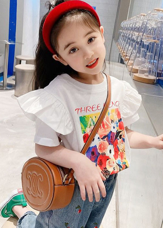 Stylish White Ruffled Print Cotton Girls T Shirt Summer YU1053 WS-RCTZ-STP240529