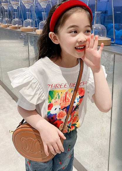 Stylish White Ruffled Print Cotton Girls T Shirt Summer YU1053 WS-RCTZ-STP240529