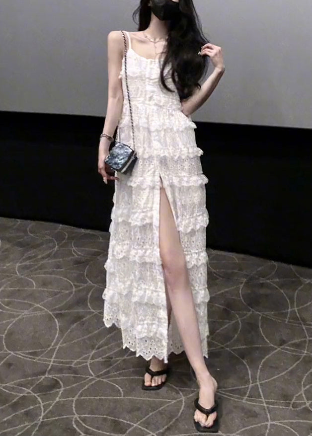 Stylish White Ruffled Side Open Lace Spaghetti Strap Dress Sleeveless KK060 SH-LF-SDL240602