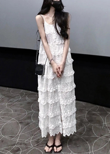 Stylish White Ruffled Side Open Lace Spaghetti Strap Dress Sleeveless KK060 SH-LF-SDL240602