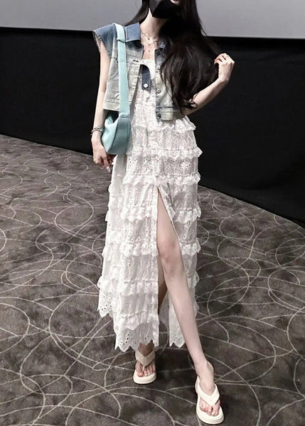 Stylish White Ruffled Side Open Lace Spaghetti Strap Dress Sleeveless KK060 SH-LF-SDL240602