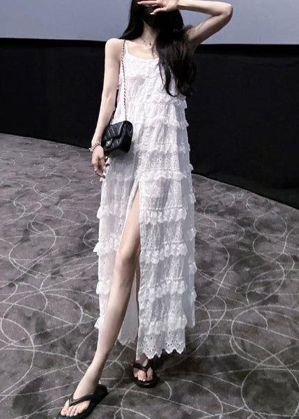 Stylish White Ruffled Side Open Lace Spaghetti Strap Dress Sleeveless KK060 SH-LF-SDL240602