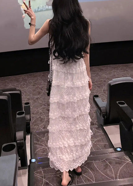 Stylish White Ruffled Side Open Lace Spaghetti Strap Dress Sleeveless KK060 SH-LF-SDL240602