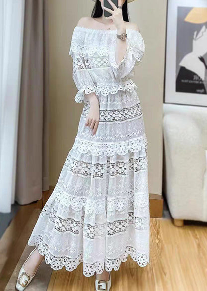 White Out Neck Two Butterfly Set Pieces Stylish Slash Lace Hollow FashionChic