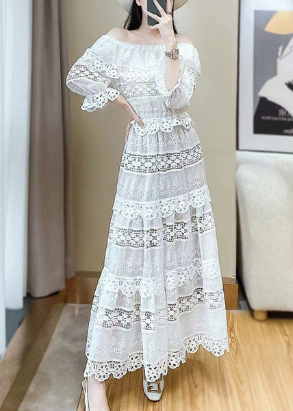 White Out Neck Two Butterfly Set Pieces Stylish Slash Lace Hollow FashionChic