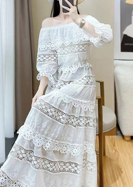 White Out Neck Two Butterfly Set Pieces Stylish Slash Lace Hollow FashionChic