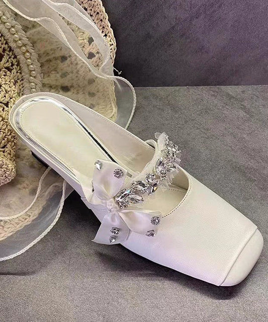 Sandals Bow White Stylish Slide Zircon Chunky Splicing FashionChic