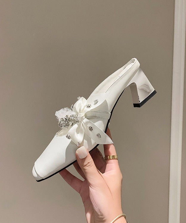 Sandals Bow White Stylish Slide Zircon Chunky Splicing FashionChic