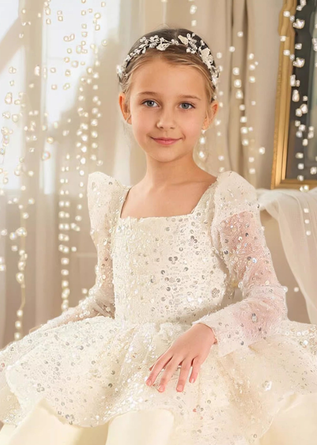 Stylish White Square Collar Sequins Patchwork Tulle Kids Long Dress Spring YG001 ABC