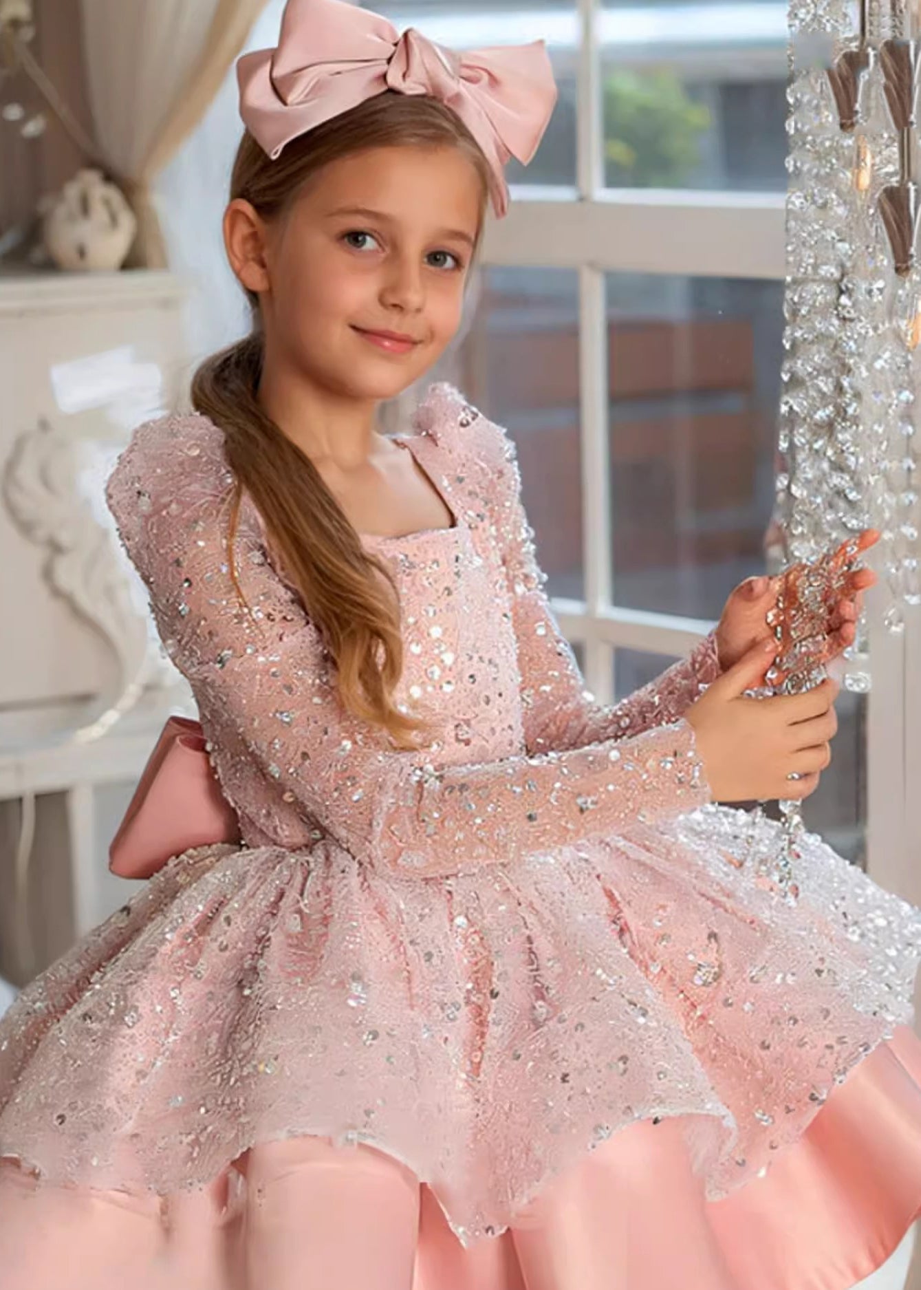 Stylish White Square Collar Sequins Patchwork Tulle Kids Long Dress Spring YG001 ABC