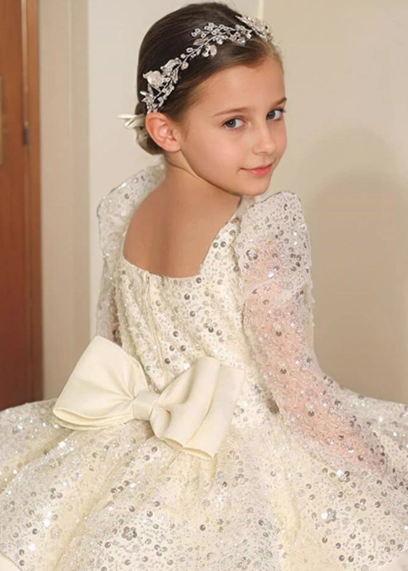 Stylish White Square Collar Sequins Patchwork Tulle Kids Long Dress Spring YG001 ABC