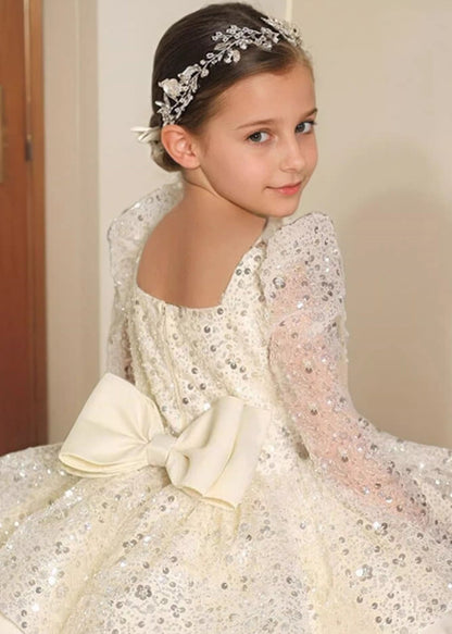 Stylish White Square Collar Sequins Patchwork Tulle Kids Long Dress Spring YG001 ABC