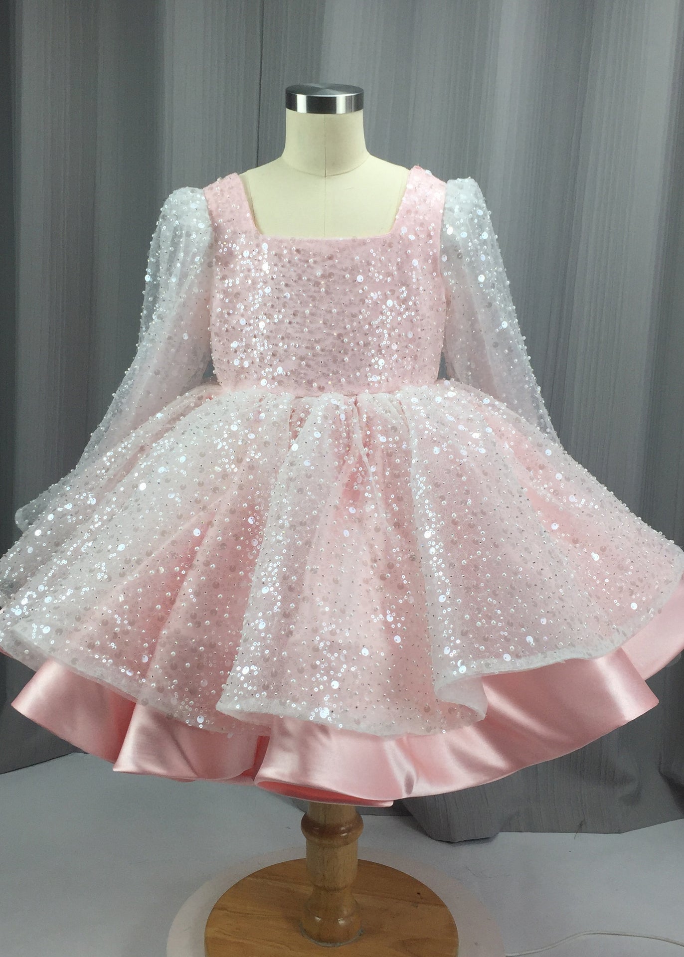 Stylish White Square Collar Sequins Patchwork Tulle Kids Long Dress Spring YG001 ABC