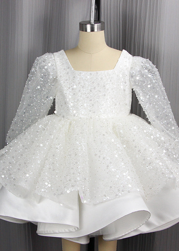 Stylish White Square Collar Sequins Patchwork Tulle Kids Long Dress Spring YG001 ABC