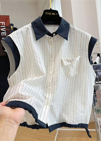 Striped Cotton Beach White Patchwork Stylish Vest Sleeveless FashionChic