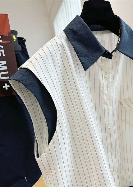 Striped Cotton Beach White Patchwork Stylish Vest Sleeveless FashionChic