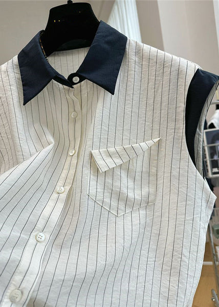 Striped Cotton Beach White Patchwork Stylish Vest Sleeveless FashionChic