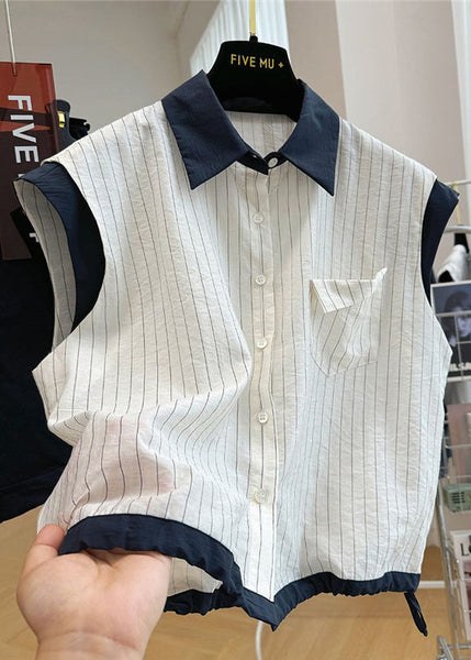 Striped Cotton Beach White Patchwork Stylish Vest Sleeveless FashionChic