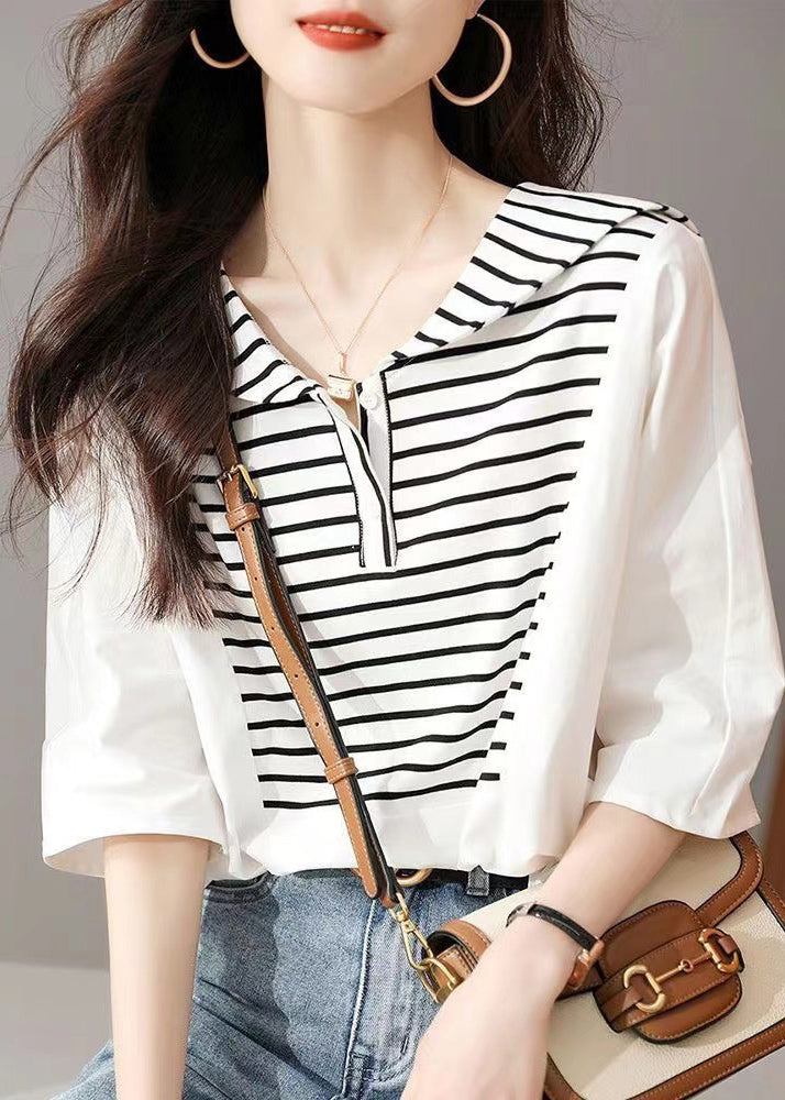 Stylish White Striped Sailor Collar Cotton Blouse Tops Summer BV014 MZF-HTP240702