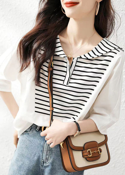 Stylish White Striped Sailor Collar Cotton Blouse Tops Summer BV014 MZF-HTP240702