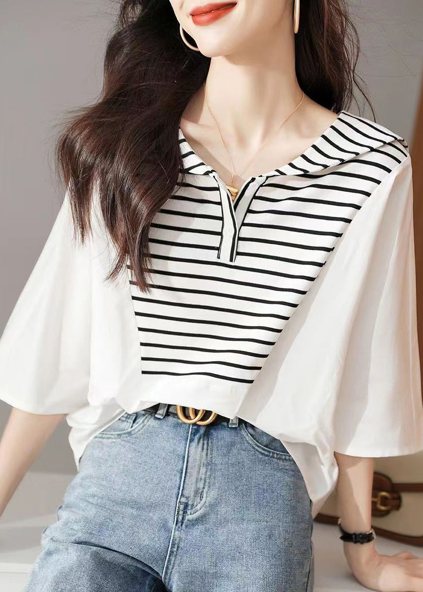 Stylish White Striped Sailor Collar Cotton Blouse Tops Summer BV014 MZF-HTP240702