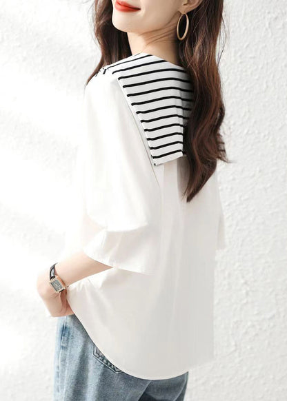 Stylish White Striped Sailor Collar Cotton Blouse Tops Summer BV014 MZF-HTP240702