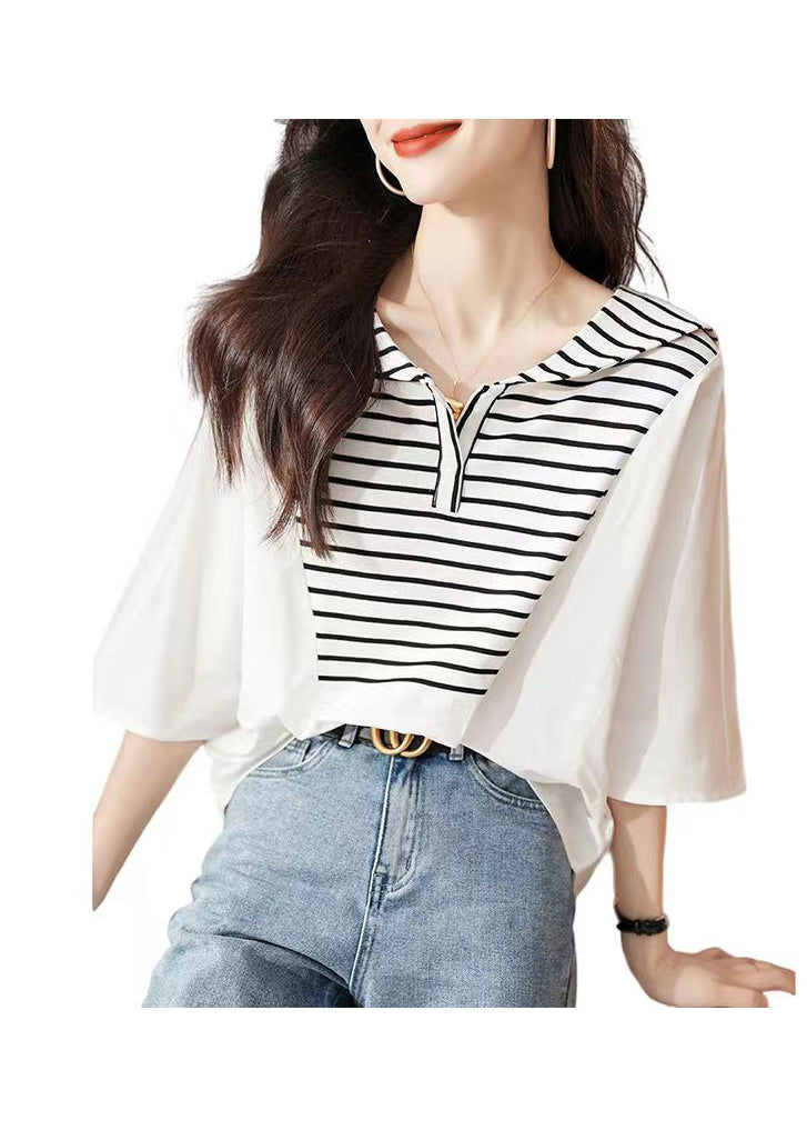 Stylish White Striped Sailor Collar Cotton Blouse Tops Summer BV014 MZF-HTP240702