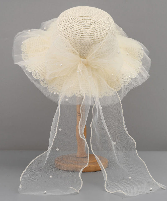 Stylish Floppy Sun Bow White Hat Straw Woven Tulle FashionChic