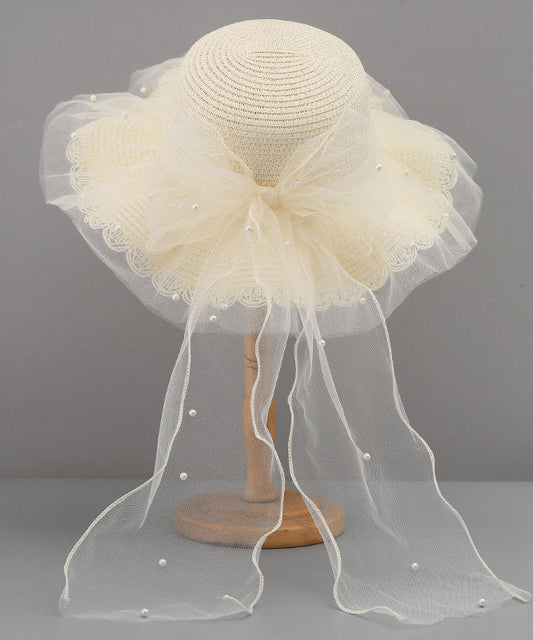 Stylish Floppy Sun Bow White Hat Straw Woven Tulle FashionChic