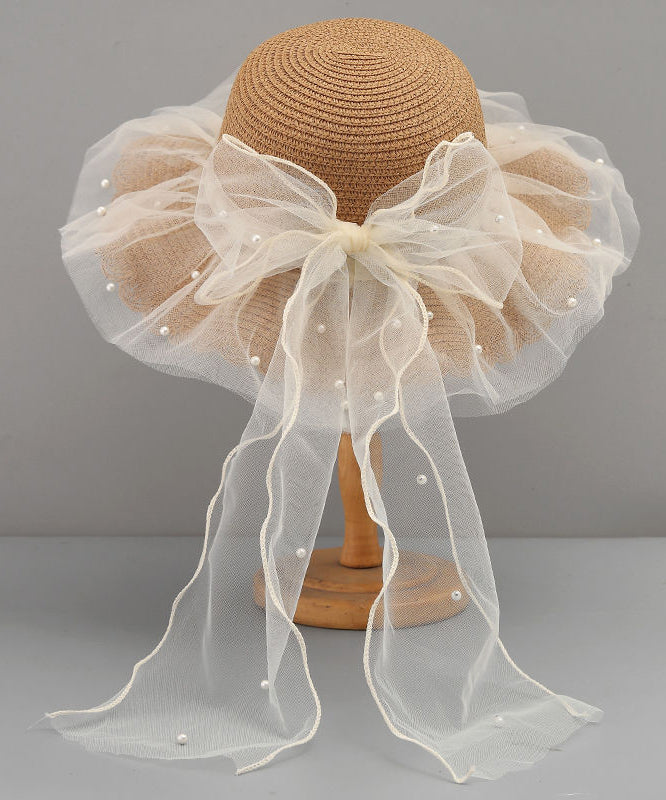 Stylish Floppy Sun Bow White Hat Straw Woven Tulle FashionChic