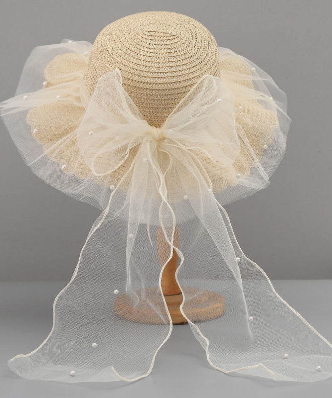 Stylish Floppy Sun Bow White Hat Straw Woven Tulle FashionChic