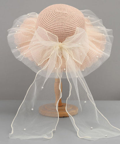 Stylish Floppy Sun Bow White Hat Straw Woven Tulle FashionChic