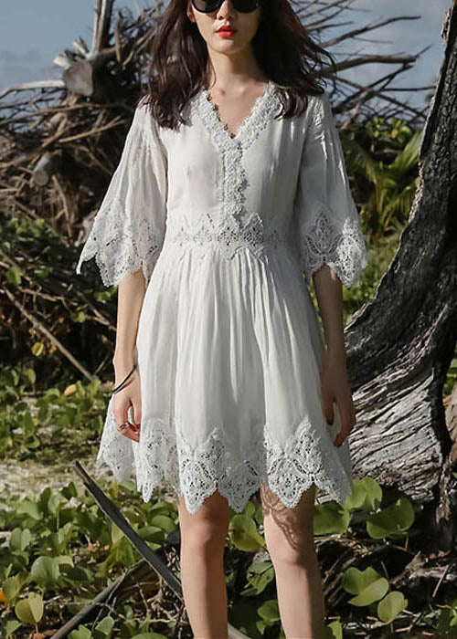 Mid Patchwork Stylish Half Dress Neck Lace Sleeve White V FashionChic