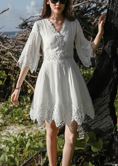 Mid Patchwork Stylish Half Dress Neck Lace Sleeve White V FashionChic