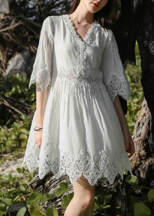 Mid Patchwork Stylish Half Dress Neck Lace Sleeve White V FashionChic