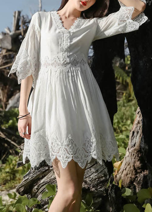 Mid Patchwork Stylish Half Dress Neck Lace Sleeve White V FashionChic